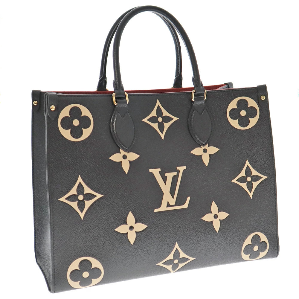 LOUIS VUITTON OnTheGo Tote Bag Embossed Black Beige Bi Handbag Shoulder LV